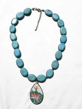 Turquoise Stone Bead Necklace with Painted Ceramic Floral Pendant Blue Pink